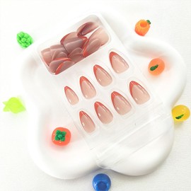 Almond Press on Nails Short Fake Nails Orange French Tip Glue on Nails Nude Full Cover False Nails Press ons Glossy Acrylic Nails Artificial Stick on Nails for Women 24Pcs