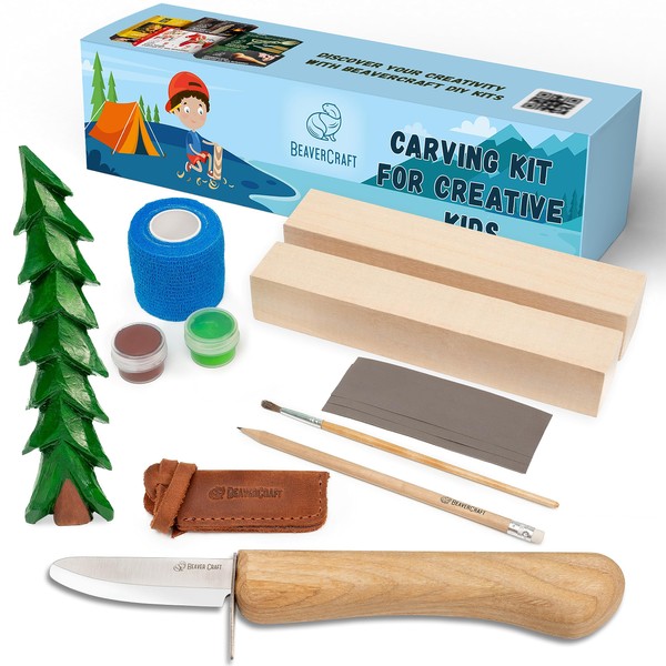 BeaverCraft Wood Carving Kit for Kids & Beginner DIY08 - Wood Whittling Kit for Kids Woodworking Starter Kit Hobby Kits for Boys Wood Crafts Projects DIY Gifts, Carving Set Whittling Knife & Basswood