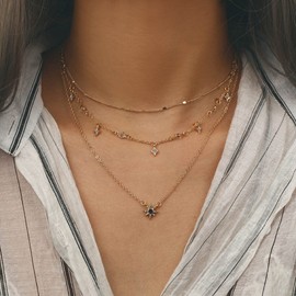 Aneneiceera Boho Layered Shining Rhinestone Necklace Tassel Star Choker Gold Crystal Star Pendant Necklace Multi Layered Vintage Necklace Chain Jewellery for Women and Girls