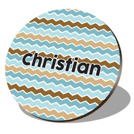 1 x Round Coaster - Name Christian Blue Waves Geometry Zigzag Color Letter Lettering Initial Cork Backed MDF Glossy Tea Coffee Accessory #253378