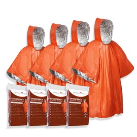 Emergency Survival Rain Poncho - 4 Pack Thermal Mylar Foil Blanket - Reversible Waterproof Heat Retention Rain Protection - Bushcraft Outdoor Gear