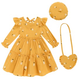 Toddler Girl Dress Kids Long Sleeve Ruffle Dresses Fall Winter Outfit Hat Bag Floral Girls Casual Playwear Dress