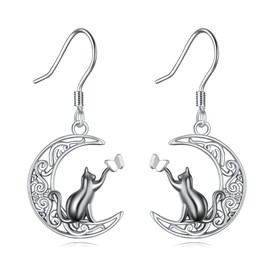 JERWLI Black Cat Earrings 925 Sterling Silver Cute Animal Crescent Moon Cat Dangle Drop Earrings Jewelry Gifts for Cats Lover
