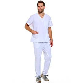 Dagacci Medical Uniform Unisex 4-Way Stretch Scrubs Set Medical Scrubs Top and Pants White M