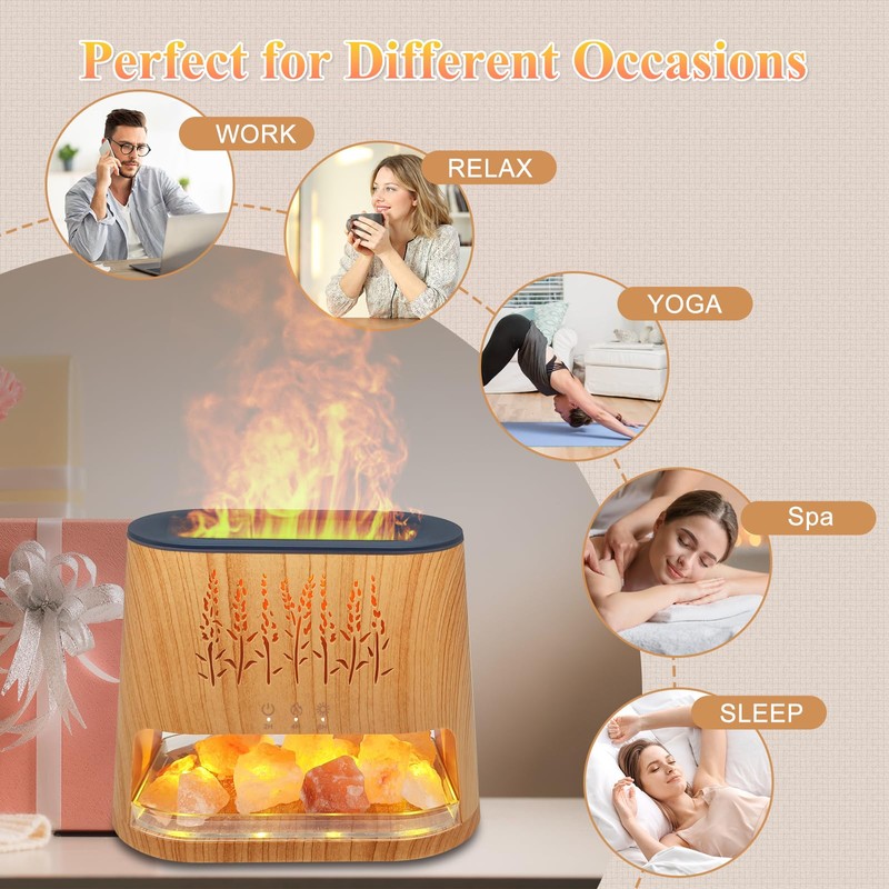 Fireplace Flame Diffuser & Himalayan Salt Lamp, 8 Colors Aromatherapy