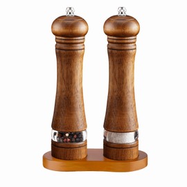 2-Piece Salt and Pepper Grinder Set with Wood Tray, 8 Inch Wooden Salt and Pepper Mills with Adjustable Coarseness, Refillable Manual Pepper Mill Grinder for Home Cooks (Brown)