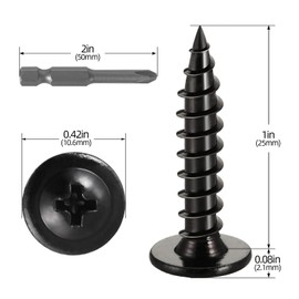 #10 x 1 (100 PCS) Modified Truss Head Wood Screws, Phillips Drive Quick Metal Self Tapping Screws, Black Coating, Full Thread, Screwdriver Bit Included