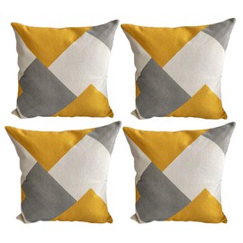 Set of 4 Thick Mustard Yellow Polyester Geometric Printed Design Sofa Cushion Covers with Hidden Zip Closure 18x18 Inch 700g (Grey White Yellow Puzzle, 18x18(45x45cm) - 700g)