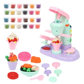 3 Shops in 1 Hamburger Ice and Bakery Artisan Experience Set with 51 Pieces, 12 Colors Wheat Clay Full Pack for Pretend Play (Multi-Functional Ice Cream Maker (24 Colors Clay + 24 Storage Cups)