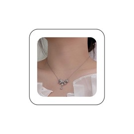 Yienate Funky Crystal Bow Pendant Necklaces Silver Vintage Bowknot Crystal Necklace Statement Rhinestone Ribbon Bow Choker Boho Bow Tie Necklace Charm Jewelry for Women and Girls