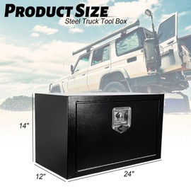 Heavy Duty Steel Plated Underbody Truck Tool Box with T-Handle Lock, Waterproof Tongue Box for Storage with Smooth Surface for Truck, Pickup, RV, Trailer - Black, 24" x 12" x 14" Inch