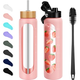 FULBEVY 32 oz Glass Water Bottles - 1 Liter Motivational Tumbler Water Bottle Time Marker - Borosilicate Glass Water Bottle With Silicone Sleeve and 2 Lids, Handle Spout & Bamboo Straw Lid