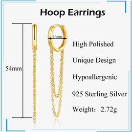 Deyanse Silver Hoops Dangly Earrings, 925 Sterling Silver Tassel Huggie Drop Earrings for Women Lady Girls, Hypoallergenic Two Long Chains Dangle Earrings, Fashion Gold Plated Hoop Hanging Earrings