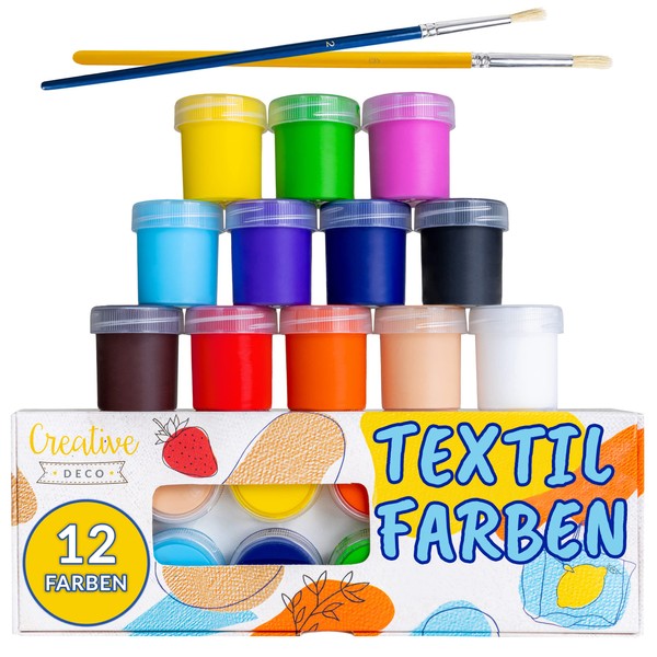 Creative Deco Textile Paint Fabric Paint Set Children 12 Bright Colours 25 ml Cup Permanent Fabric Paint for Cotton, Linen, Denim and Other Natural Fabrics 2 Brushes Included