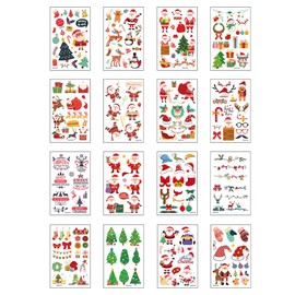 Jagowa 16 Sheets Luminous Glitter Christmas Temporary Tattoos - Waterproof Snowman, Santa, Elk Designs for Kids' Party Supplies