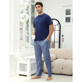 TeJoyce Mens Pyjamas Set Cotton Short Sleeve and Pants 2 Piece PJ Set Soft Comfy Loungewear O-Nect Men's Nightwear Set with Pockets Navy Blue