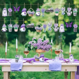 24 Pcs Spring Summer Tree Ornaments, Lavender Wood Hanging Ornament Decorations Spring Summer Wooden Flowers Tree Decorations Crafts Decor for Home Shop Decoration Party Supplies