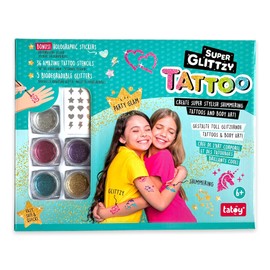 TATOY Super Glittzy Party Glam Tattoo Set - Skin-Friendly Temporary Glitter Tattoos with 36 Great Stencils and Holographic Stickers