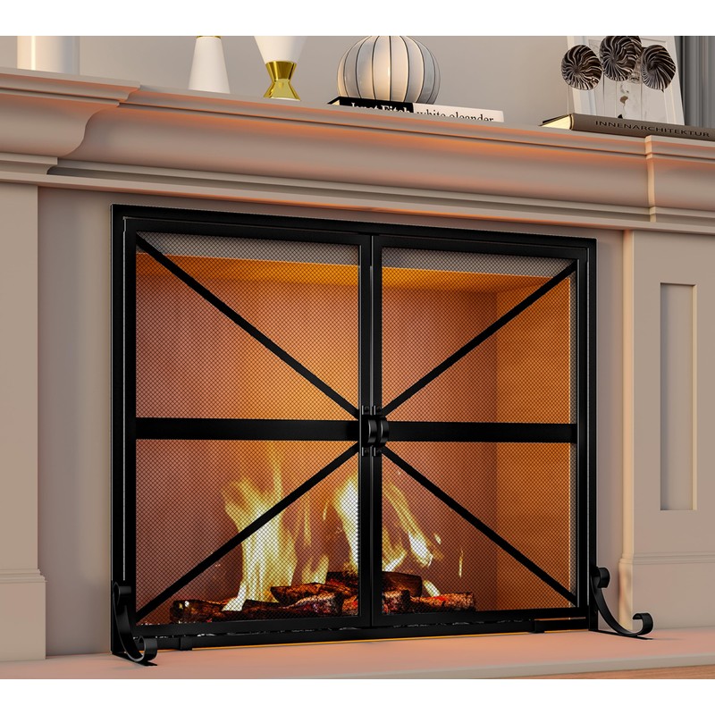 Fire Beauty Fireplace Screen with Doors, 2-Pannel Handcrafted Solid Wrought