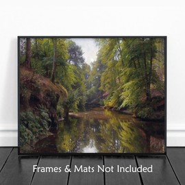 | A Wooded River Art, Vintage Forest Landscape Print - Old Growth Tree Wall Art, Dark Spring Decor, Scandinavian Art (8x10 Print - Unframed)