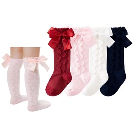 CHUNG Baby Girls Knee High Socks Cotton Knitted Spanish Bowknot Stockings 4 Wave Bowknot, 3-5Y