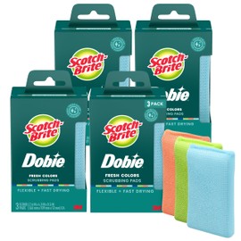 Scotch-Brite Dobie Non-Scratch All-Purpose Scrub Pads, Original Cleaning Sponges for Kitchen & Bathroom, Safe on Non-Stick Cookware, Reusable (12 Pads, 4 Packs of 3, Assorted Colors)