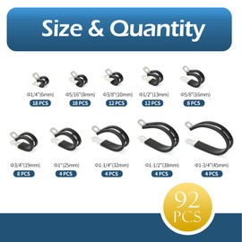FARRAY 92PCS Cable Clamps Assortment Kit, 10 Sizes Stainless Steel Wire Clamps with Rubber Cushion for Wire, Pipe, Hose Management - 1/4", 5/16", 3/8", 1/2", 5/8", 3/4", 1", 1-1/4", 1-1/2", 1-3/4"