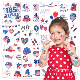 Partywind Glitter 4th of July Accessories for Kids Adults, 185 Styles Patriotic Temporary Tattoos for Fourth of July/Independence Day/Memorial Day, Red White and Blue Party Decorations (28 Sheets)