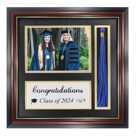 GMFrames Class of 2024 Graduation Photo Frame with Tassel Holder for 5x7 Pictures,Solid Wood Real Glass,Black over Gold Double Mat,Wall & Tabletop Design