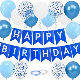 Happy Birthday Banner, Blue Birthday Decoration, 16 Pcs 12in Balloons with 2 Ribbons for Boys and Men Any Ages Party Decoration