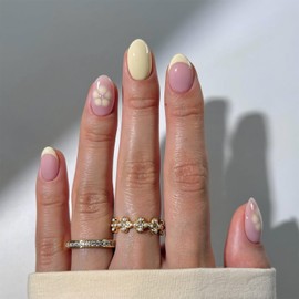 Almond French Press On Nails Short Flower Fake Nails Press Ons With Yellow Floral Design French False Nails Glossy Stick On Nails Reusable Artificial Glue On Nails For Women Nail Supplies