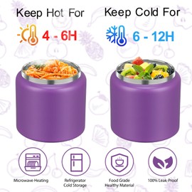 JXXM 2 in 1 Double Insulated Food Jar 13.5oz Soup Thermo with Snack Container Kids Thermo for Hot Food Lunch Containers Wide Mouth Vacuum Stainless Steel Leak Proof for School Travel(Purple)