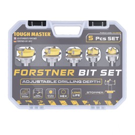 Forstner Bits TOUGH MASTER 5 Piece Carbide Tip, 15mm, 20mm, 25mm, 30mm, 35mm Diameter Plus 2 Hex Keys and Heavy Duty Case For Wood Working, DIY TCT Tool