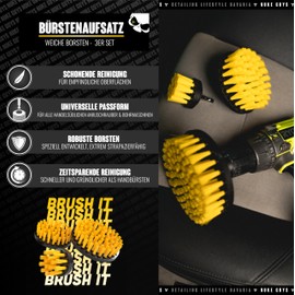 Nuke Guys Brush attachment set for cordless screwdriver and drill, 3 soft cleaning brushes for cleaning household, car, carpet, upholstery, attachment brushes in 3 sizes