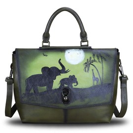 Genuine Leather Satchel Purses Handbags for Women Large Capacity Shoulder Bags Lady Work Top Handle Crossbody Bags (GreenHandPainted)
