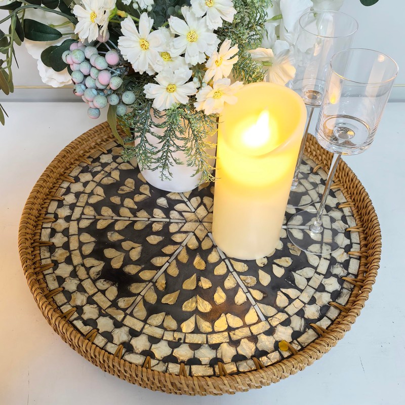 chicapica 16-Inch Black Rattan Lazy Susan with Mother of Pearl