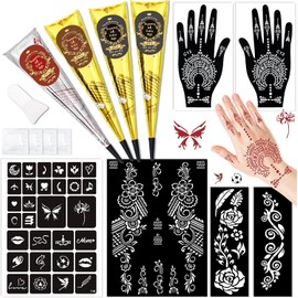Kit de plantillas temporales para tatuajes, 4 conos de tatuaje de 3 colores (2 negros, 1 granate y 1 rojo cereza) con guantes y pincel, diseños de arte corporal DIY para pintar la piel, ideal