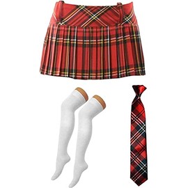FNA FASHIONS Ladies School Girl Red Tartan Skirt OTK Socks Tie World Book Day Fancy Dress (UK 14)