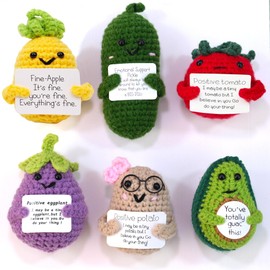 QNNEFF 6PCS Positive Potato Cute Emotional Support Pickle Funny Mini Positive Crochet Dolls Avocado Pineapple Eggplant Tomato Holding Positive Cards Wool Knitted Toy Encouragement Gifts