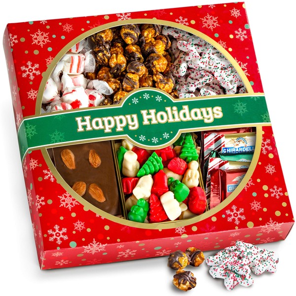 Holiday Classic Chocolate, Candy and Crunch Gift Basket with Handmade Chocolates, Ghirardelli, Caramel Corn for Gourmet Christmas Food Gift