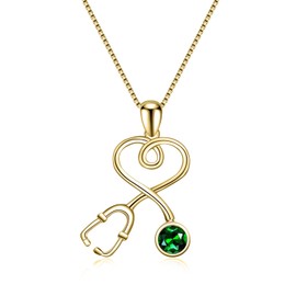 AOBOCO Nurse Gifts for Women 925 Sterling Silver 14K Gold Plated Stethoscope Pendant Necklace with May Birthstone, Doctor Necklace Jewelry Gifts for RN Medical Students White Coat Ceremony