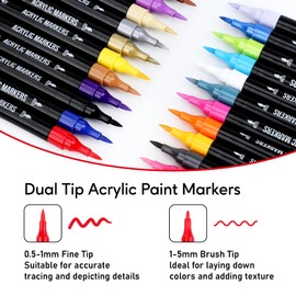 Pagather 24 Colors Acrylic Paint Markers, Dual Tip with Fine Tip and Brush Tip Pens for Stone, Wood, Calligraphy, Canvas, Ceramic, Metal, Glass, Rock Painting, DIY Crafts
