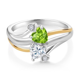 Gem Stone King 925 Silver and 10K Yellow Gold Peridot Moissanite and Lab Grown Diamond 2 Heart Promise Couple Engagement Mother Ring For Women | 1.02 Cttw | Gemstone Birthstone | Size 5,6,7,8,9