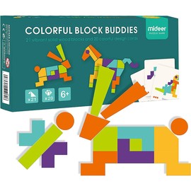 MiDeer Wooden Geometric Imagination Puzzle with 21 Wood Blocks and 20 Pattern Cards Educational Learning Game for Kids