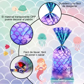 Paquete de 100 Bolsas para Dulces,Bolsas de Regalo,Bolsitas para Dulces,Bolsa de Sirena con 100 bolsas lazos plateados para Fiesta de CumpleañOs,Suministros de Fiesta de CumpleañOs con Tema De Mar