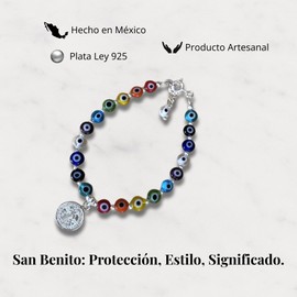 TClaudia, Pulsera San Benito Plata 925 con medalla y ojitos turcos. Brazalete, Pulseras de plata para mujer 925, Accesorios, Joyería y Regalos para Mujer. Ideal en Cumpleaños, Aniversarios, Navidad.