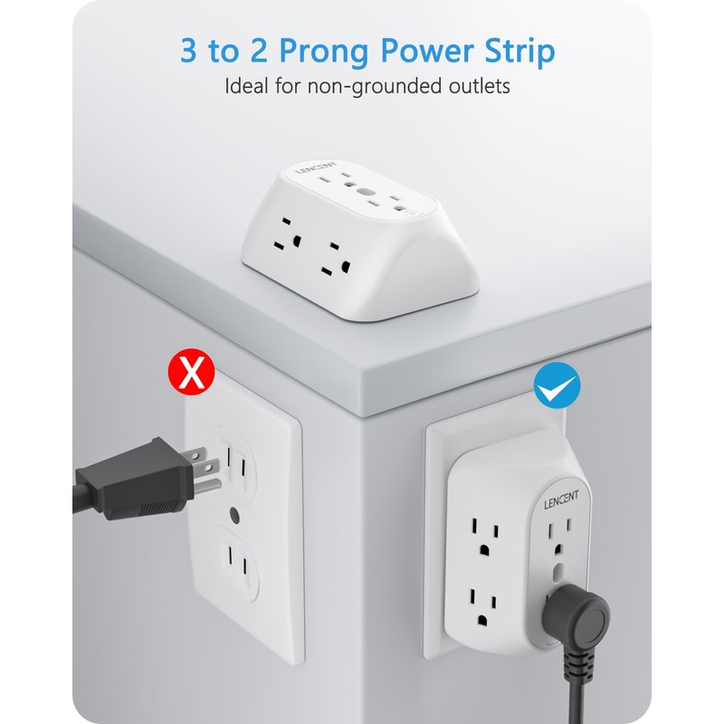 LENCENT 2 Prong Power Strip, 3 to 2 Prong Grounding