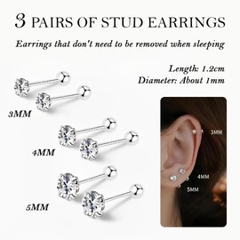 EAVUYIS 3 Paare Titan Ohrstecker für Damen Herren Hypoallergene CZ Flache Rückseite Ohrstecker Cubic Zirkonia Knorpel Ohrstecker Set, 3/4/5mm