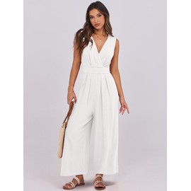 ANRABESS ANRABESS Women Jumpsuits Sleeveless V Neck Elegant Dressy Casual Backless One Piece Pants Romper 2025 Summer Outfits White Small