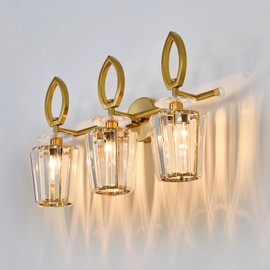 YYJLX Crystal Vanity Light Mid Century Modern Bathroom Light Fixture Gold Light Fixture Wall Mount Over Mirror Large 3 Light
